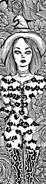 Free colorable bookmarks of a witch surrounded by plants